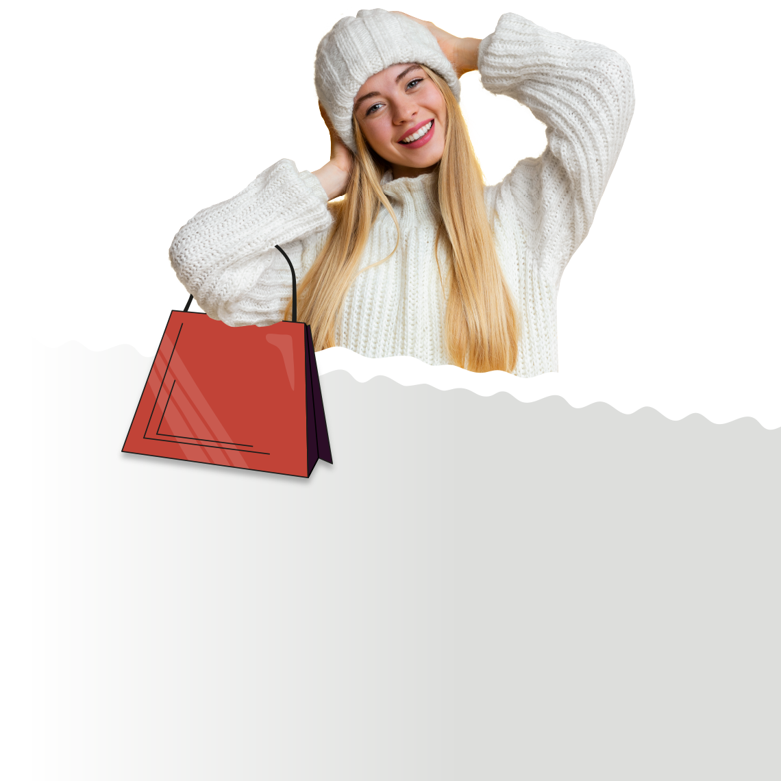 smiling girl in a white hat and white sweater holding a shopping bag