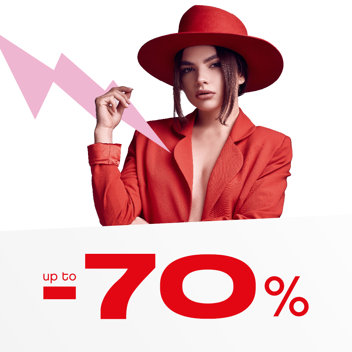 woman dressed in red, with a red hat and the inscription "up to -70%"