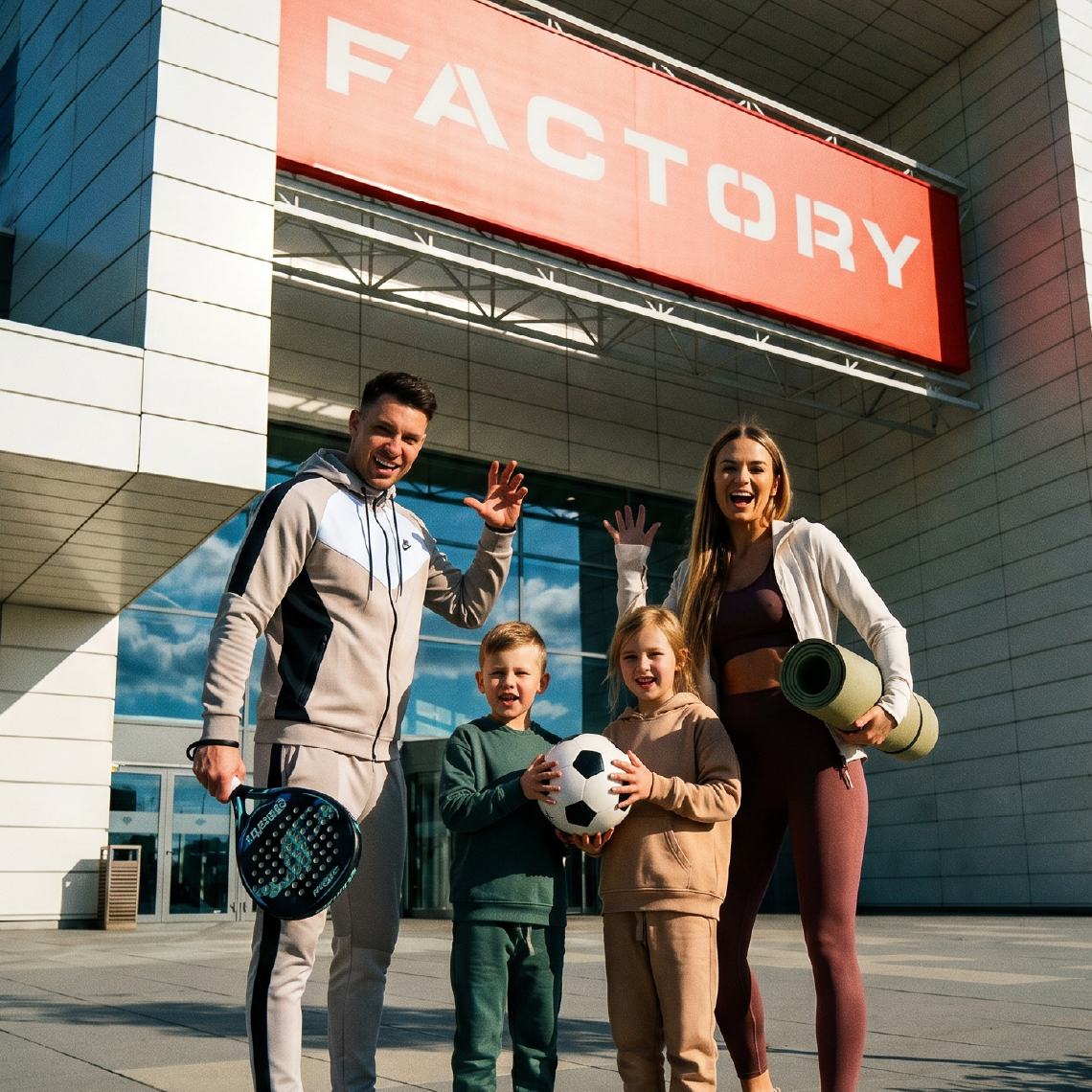 rodzina z budynkiem Factory w tle