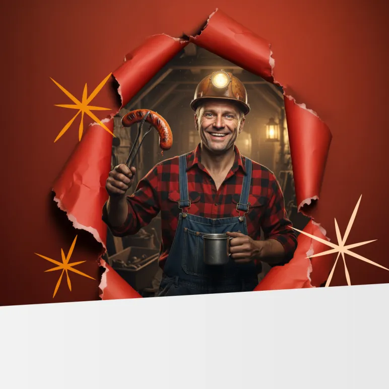 górnik z kiełbasą w ręce