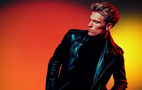 mężczyzna ubrany na czarno patrzy w lewo 